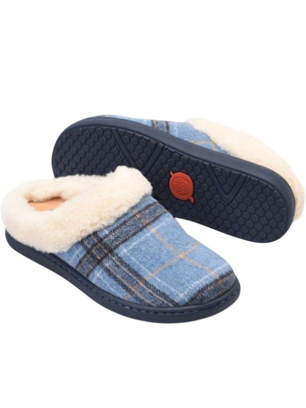 Born Womens Wool & Shearling Lined Ali clog Slippers shoes Blue Plaid Size 7M
